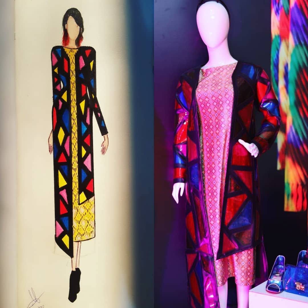 Fashion design sketch and final product